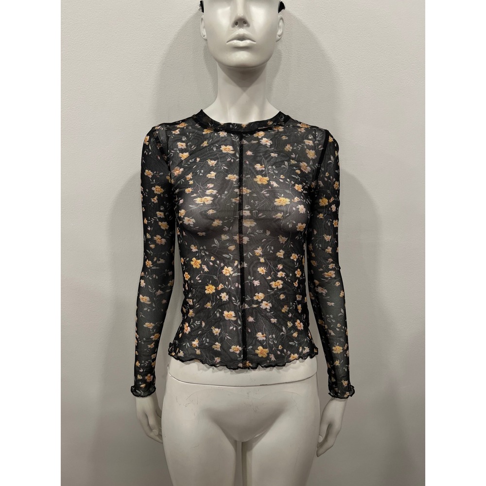 Elodie Y2K Mesh Top Womens sheer Small Black yellow Floral Long Sleeve grunge